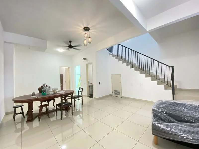 Living features: white painted walls, tile flooring, 5-blade ceiling fan with light, pendant light fixture, dining table with wooden legs, 4 wooden dining chairs, sofa wrapped in plastic, staircase with metal railing, air conditioning unit, open layout, natural light from windows; style: modern.