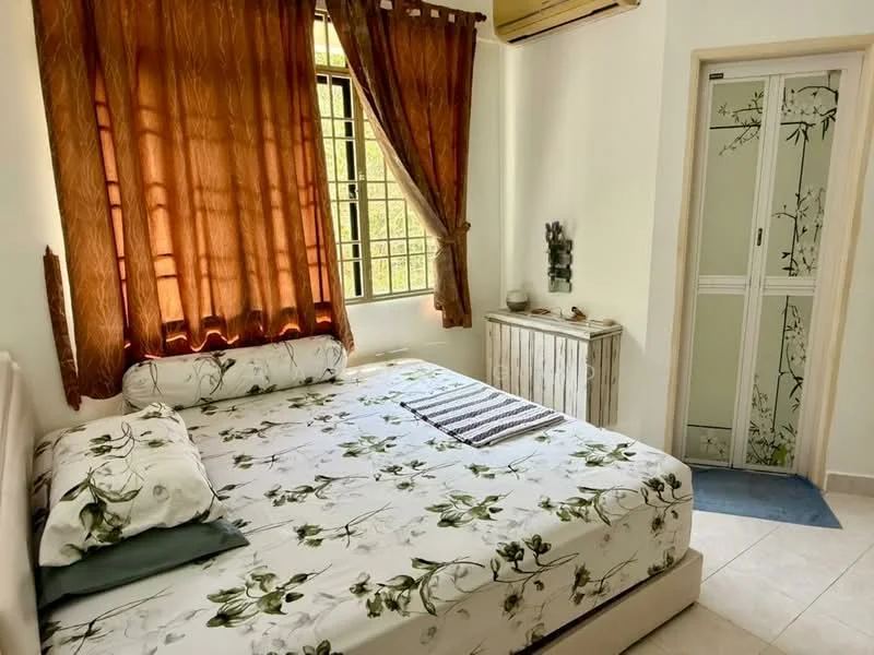 Bedroom features: queen-size bed with floral bedding, wooden bedside table, built-in wardrobe with sliding doors, curtains in burnt orange, floor-to-ceiling window, tile flooring, air conditioning unit, decorative wall art, area rug; style: modern.