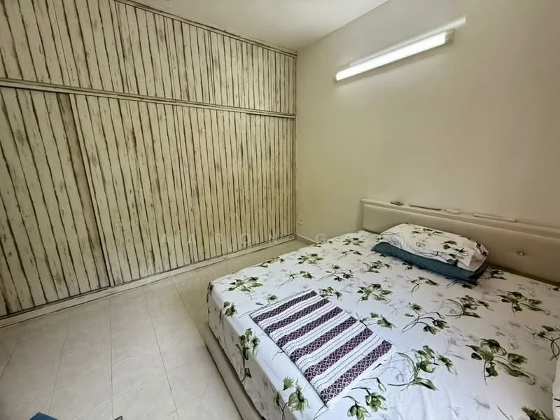 Bedroom features: queen-size bed with floral bedding, upholstered headboard, built-in wardrobe with wooden paneling, white walls, tile flooring, recessed lighting, window with no visible treatment, decorative throw blanket; style: modern.