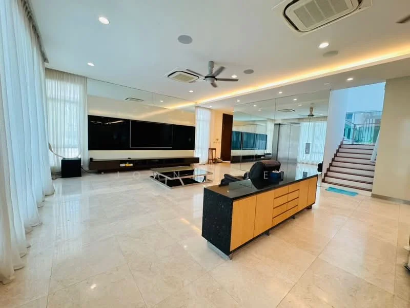 Living features: marble tile flooring, white painted walls, recessed downlights, 5-blade ceiling fan with light, floor-to-ceiling windows, sheer curtains, large wall-mounted TV, black entertainment unit, wooden console with drawers, mirrored wall, open layout, staircase in background; style: modern; view: garden.