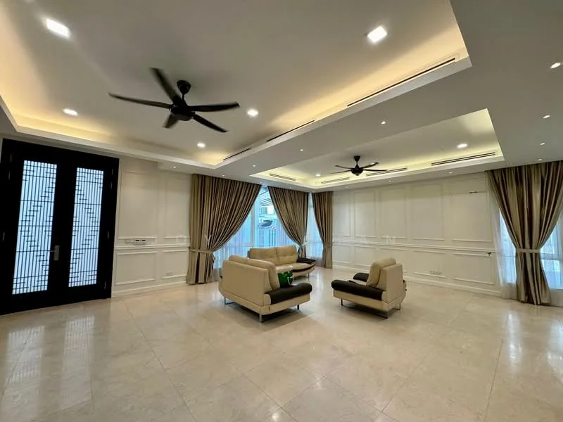 Living features: cream painted walls, marble tile flooring, tray ceiling with recessed lighting, 2 ceiling fans, floor-to-ceiling windows, sheer curtains, dark wood double doors, light-colored leather sofa, glass coffee table, decorative plant; style: modern.