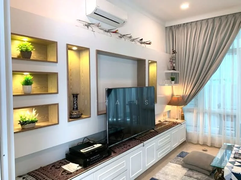 Living features: wall-mounted TV, white cabinetry, decorative shelving with plants, recessed lighting, grey curtains, air conditioning unit, textured area rug, decorative lamp, wooden console, neutral wall color; style: modern.
