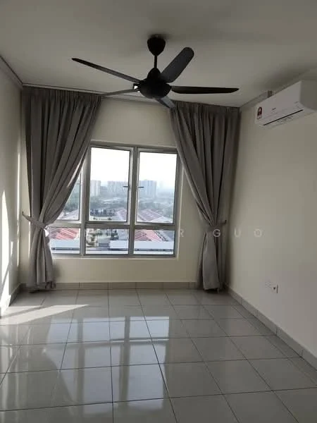 Room features: floor-to-ceiling windows, grey curtains, white painted walls, glossy ceramic tile flooring, 5-blade ceiling fan, wall-mounted split AC, city view; style: modern; view: city.
