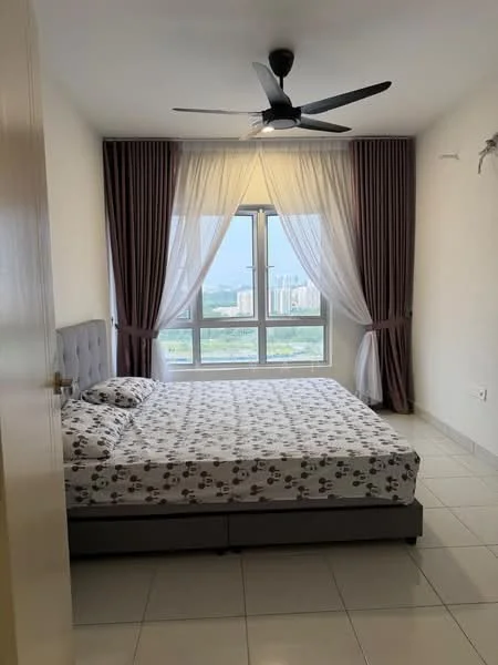 Bedroom features: queen-size bed with grey upholstered headboard, white bedding with floral pattern, floor-to-ceiling window, city view, sheer curtains, blackout curtains, 5-blade ceiling fan, white painted walls, tile flooring; style: modern; view: city.