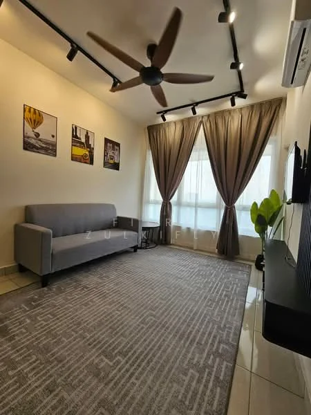 Living features: 3-seater fabric sofa in grey, area rug with geometric pattern, wall-mounted TV, ceiling fan, track lighting, floor-to-ceiling windows, sheer curtains, decorative plant in ceramic pot, light-coloured painted walls, polished tile flooring; style: modern.