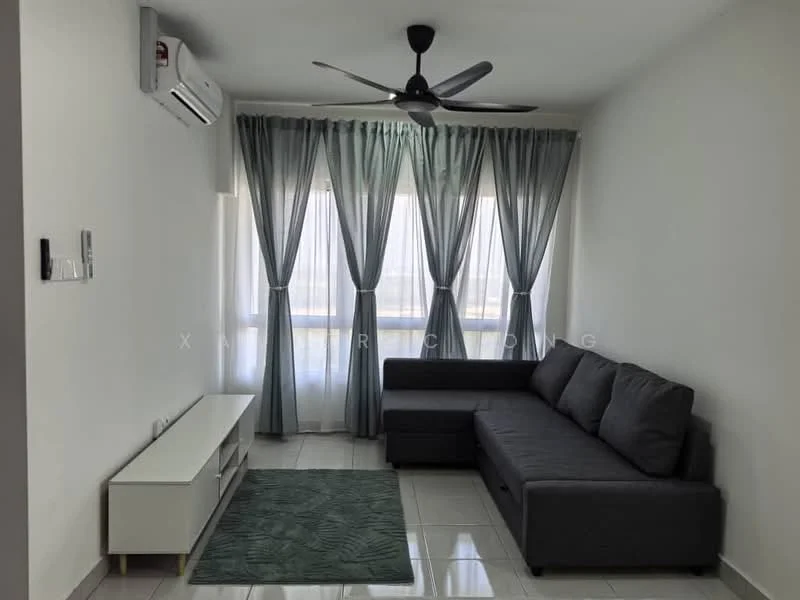 Living features: grey L-shape sectional sofa, white TV console, green area rug, floor-to-ceiling windows, sheer curtains, black ceiling fan, wall-mounted split AC, glossy tile flooring, white painted walls; style: modern.