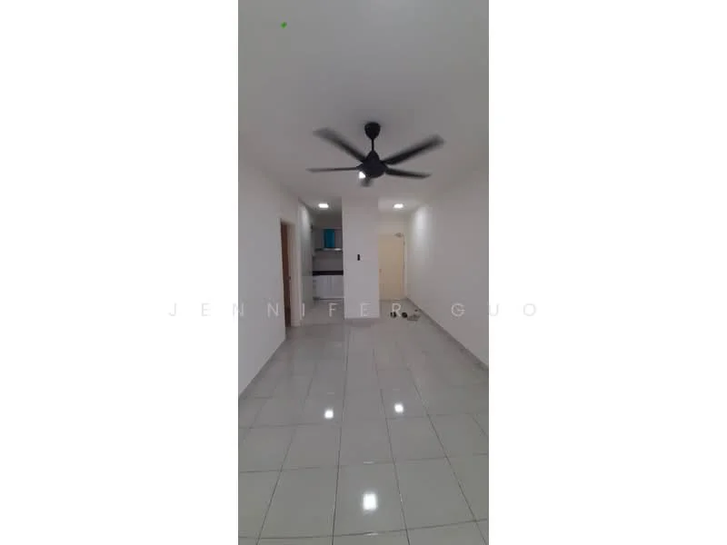 Room features: white painted walls, glossy ceramic tile flooring, 5-blade ceiling fan in black, recessed LED downlights, open layout, doorway leading to kitchen, doorway leading to hallway, neutral color scheme; style: modern.