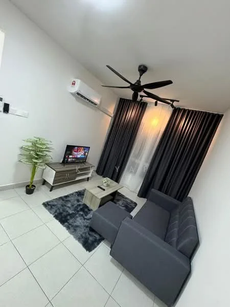 Living features: grey fabric sofa, coffee table, TV console, wall-mounted TV, area rug with geometric pattern, 5-blade ceiling fan with light, wall-mounted split AC, blackout curtains, white painted walls, tile flooring; style: modern.