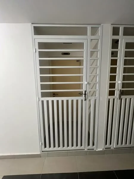 Room features: white metal security gate, solid door behind gate, light beige wall, grey floor tiles, horizontal slats in gate design, vertical slats in gate design; style: modern.