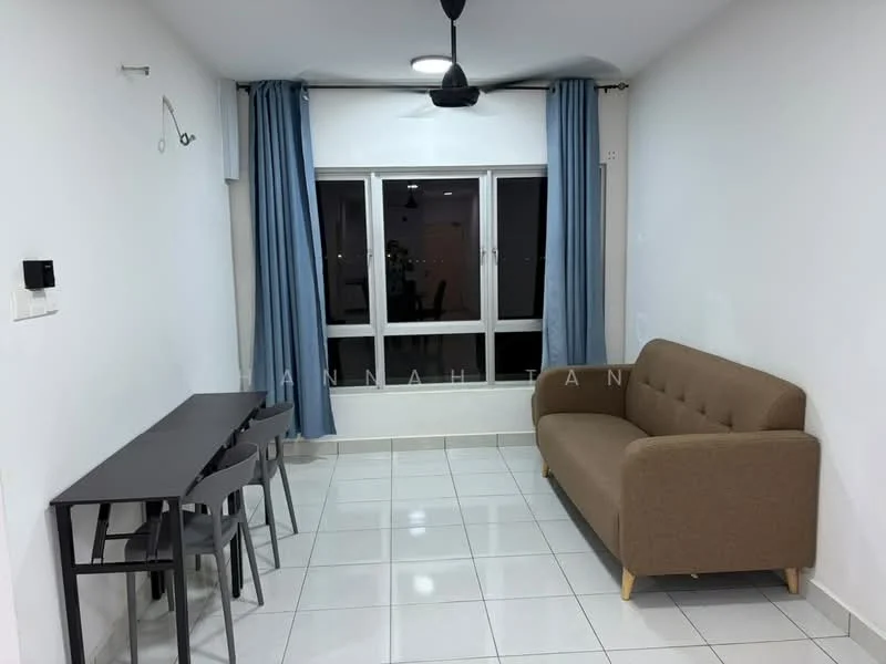 Living features: light grey walls, white ceiling, 5-blade ceiling fan with light, floor-to-ceiling windows, blue curtains, white tiled flooring, brown fabric sofa, black dining table, 3 black dining chairs; style: modern; view: city.