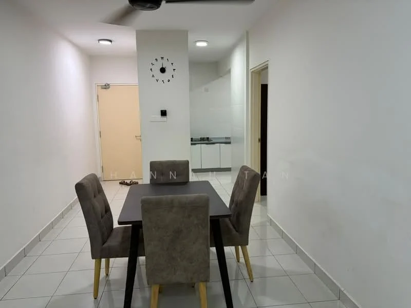 Dining features: 4-seater dining table, upholstered dining chairs in grey, white walls, tile flooring, ceiling fan, wall clock, light fixture, doorway leading to hallway; style: modern. Room features: white walls, tile flooring, doorway leading to kitchen, doorway leading to other room.
