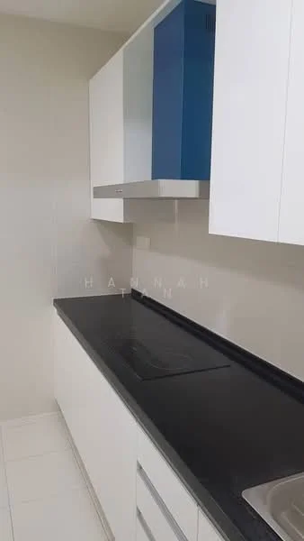 Kitchen features: white shaker cabinets, blue upper cabinets, black countertop, stainless-steel sink, built-in stove, white tiled walls, white tiled flooring, under-cabinet lighting; style: modern.