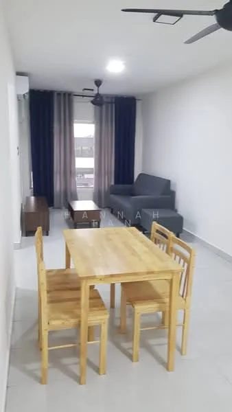 Living features: 3-seater fabric sofa in grey, wooden coffee table, 4-seater wooden dining table, 4 wooden dining chairs, floor-to-ceiling windows, sheer curtains, dark blue curtains, white painted walls, tile flooring, ceiling fan; style: modern.