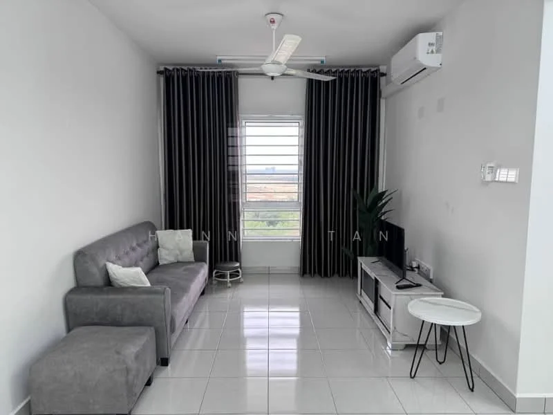 Living features: grey fabric 3-seater sofa, white side table, wall-mounted TV, silver TV console, floor-to-ceiling window, grey curtains, white painted walls, polished ceramic tile flooring, ceiling fan with light, air conditioning unit; style: modern; view: city.