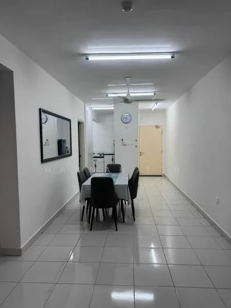 Dining features: white painted walls, glossy ceramic tile flooring, 5-blade ceiling fan with light, dining table with 6 chairs, mirror on wall, recessed lighting, open layout, kitchen visible in background; style: modern.