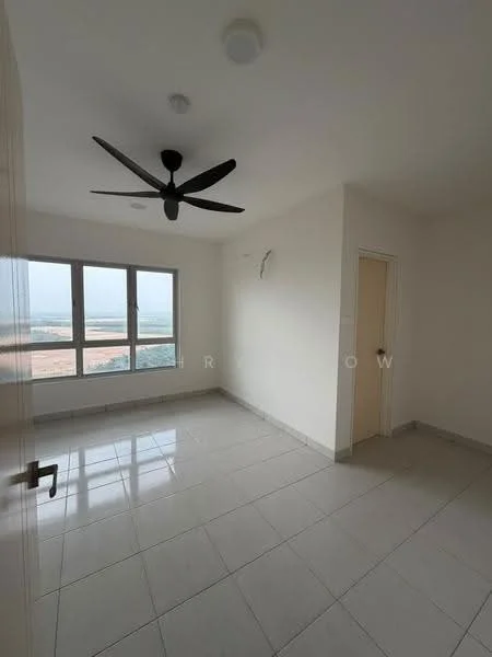 Room features: white painted walls, grey tiled flooring, 5-blade ceiling fan, floor-to-ceiling windows, natural light from windows, neutral color scheme, window treatments not visible, no visible furniture; style: modern; view: city.