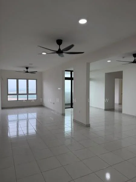 Room features: white painted walls, glossy ceramic tile flooring, recessed downlights, 2 ceiling fans, large windows with sea view, open layout, neutral color scheme; style: modern; view: sea.