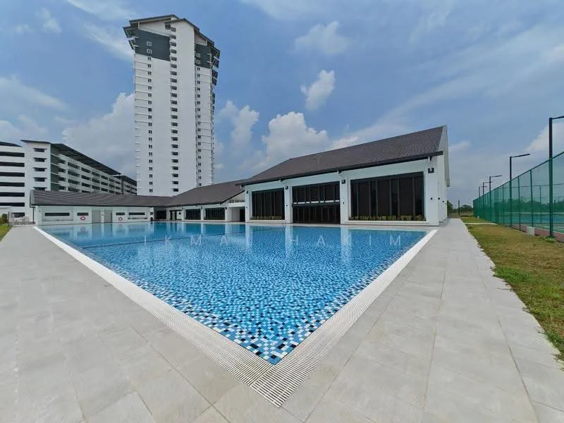 Exterior type: clubhouse; features: infinity pool, pool deck with loungers, glass sliding doors, white painted facade, flat roof, surrounded by greenery, tennis court visible in background; style: modern.
