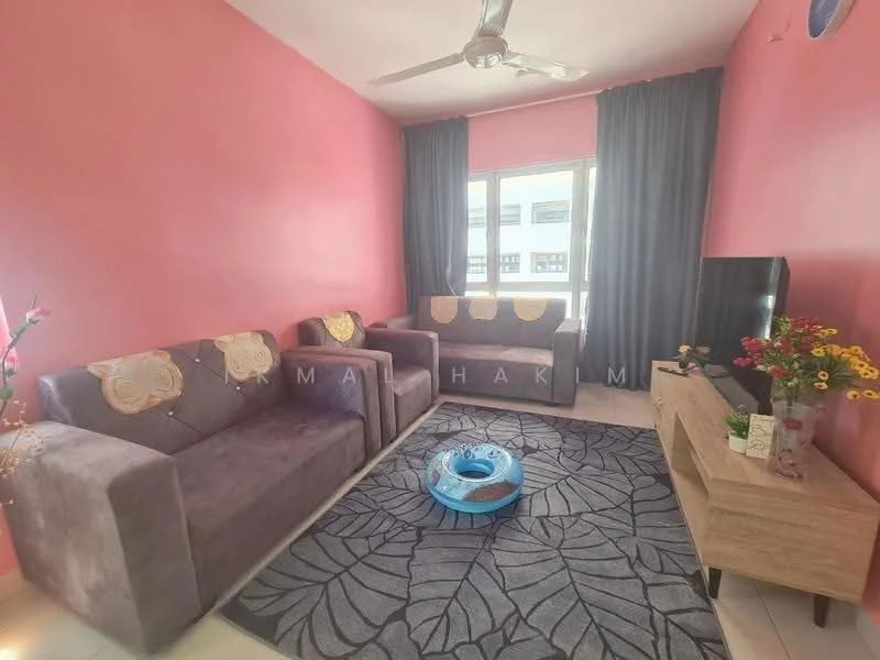 Living features: pink painted walls, grey fabric 3-seater sofa, grey fabric 2-seater sofa, decorative cushions on sofas, area rug with leaf pattern, TV console, wall-mounted TV, ceiling fan, curtains, decorative flower arrangement; style: modern.