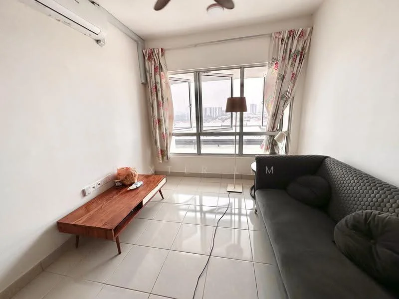 Living features: grey fabric sofa, wooden coffee table, floor-to-ceiling windows, curtains with floral pattern, white painted walls, tile flooring, 1 wall-mounted split AC, ceiling fan, lamp, decorative pillow; style: modern; view: city.