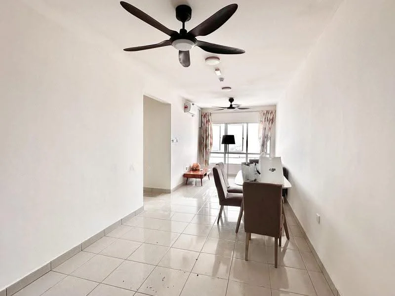 Dining features: dining table for 6, upholstered dining chairs, 2 ceiling fans, large window with city view, light-colored walls, glossy tile flooring, recessed ceiling lights, curtains with floral pattern; style: modern; view: city. Room features: white walls, light fixtures, air conditioning unit.