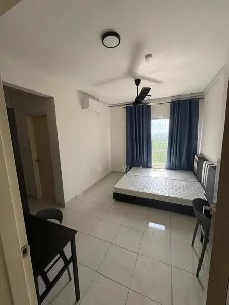 Bedroom features: white painted walls, tile flooring, ceiling fan, wall-mounted split AC, floor-to-ceiling windows, blue curtains, queen-size bed frame without mattress, black dining table, two black chairs; style: modern; view: garden.