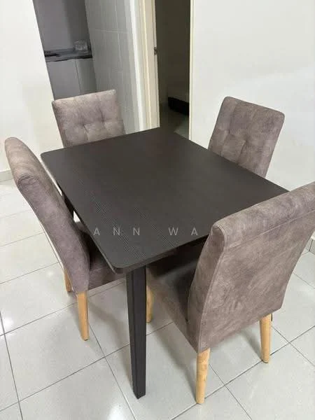 Dining features: square dining table in dark wood, 4 upholstered dining chairs in light grey, ceramic tile flooring, white painted walls, neutral colour scheme, minimalist design, natural light from doorway, simple decor; style: modern.