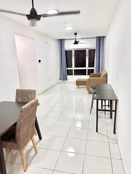 Living features: white painted walls, glossy ceramic tile flooring, 2 ceiling fans, floor-to-ceiling windows, sheer curtains, brown fabric sofa, black dining table, 2 upholstered dining chairs, small side table; style: modern.