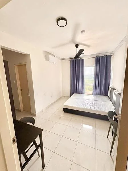 Bedroom features: white painted walls, tile flooring, 5-blade ceiling fan with light, floor-to-ceiling window, blue curtains, queen-size bed frame without mattress, black dining table, 2 black chairs, wall-mounted split AC; style: modern; view: garden.