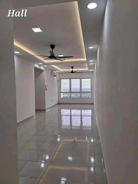 Living features: white painted walls, glossy ceramic tile flooring, recessed LED downlights, 5-blade ceiling fan, floor-to-ceiling windows, window treatments, air conditioning unit, cove lighting; style: modern; view: city.