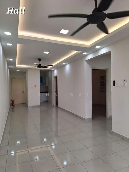 Living features: white painted walls, glossy ceramic tile flooring, recessed downlights, 5-blade ceiling fan, tray ceiling with LED strip lighting, open layout, doorway leading to kitchen, doorway leading to hallway; style: modern.