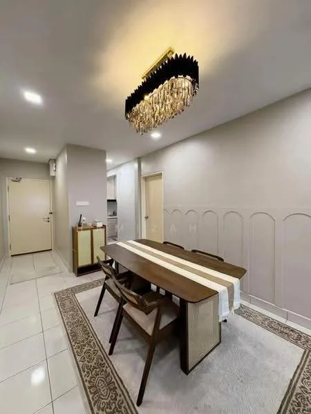 Dining features: rectangular wooden dining table, 4 wooden dining chairs, chandelier light fixture, cream painted walls, white tiled flooring, decorative area rug, wall paneling, open doorway to kitchen; style: modern.
