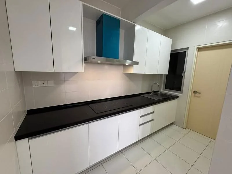 Kitchen features: white glossy cabinetry, black granite countertop, built-in induction cooktop, stainless-steel range hood, single-bowl stainless-steel sink, chrome pull-down faucet, white tiled walls, white tiled flooring, window with black frame, door leading to hallway; style: modern.