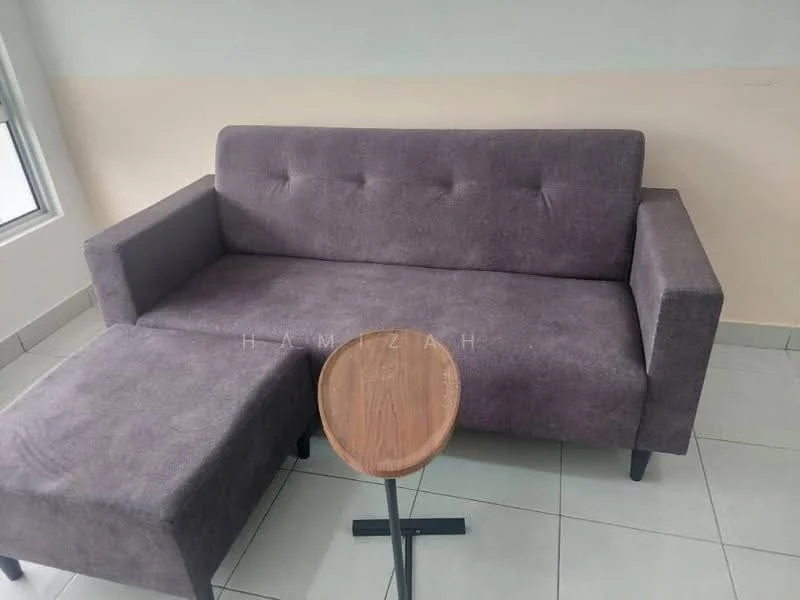 Living features: 3-seater fabric sofa in purple, wooden side table, tile flooring, neutral wall colour, large window, natural light, minimalist decor; style: modern.