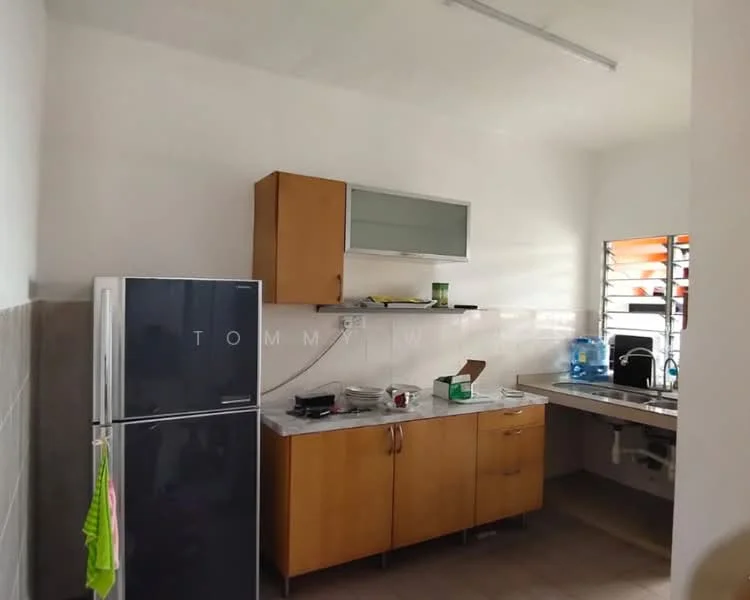 Kitchen features: white painted walls, grey tiled flooring, wood cabinetry, glass-front upper cabinets, marble countertop, stainless-steel fridge, sink with faucet, window with grill, wall-mounted shelving; style: modern.