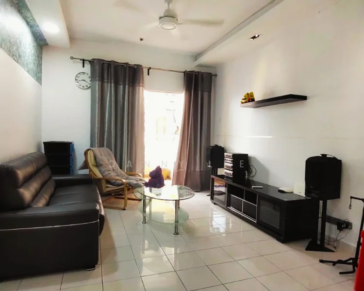 Living features: 3-seater leather sofa in dark grey, glass coffee table, TV console, wall-mounted TV, black shelving unit, floor-to-ceiling windows, sheer curtains, white painted walls, recessed downlights, ceiling fan, tile flooring; style: modern.