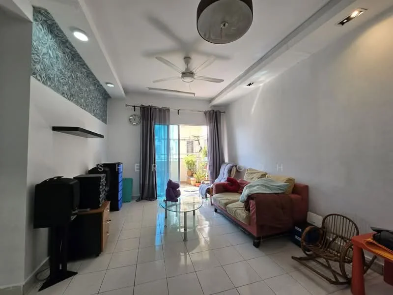 Living features: white painted walls, grey accent wall with floral pattern, white ceiling, 5-blade ceiling fan with light, large window with sheer curtains, sliding glass door leading to outdoor space, tile flooring, sofa in beige, coffee table, TV console, decorative wall clock, area rug, rocking chair; style: modern; view: garden.
