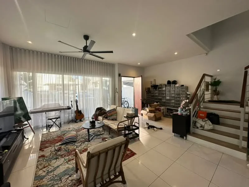 Living features: 5-blade ceiling fan with light, white painted walls, tile flooring, large floor-to-ceiling windows with sheer curtains, sofa with beige upholstery, coffee table, area rug with floral pattern, guitar, decorative plants, TV console, wall-mounted TV, staircase with wooden railing; style: modern.