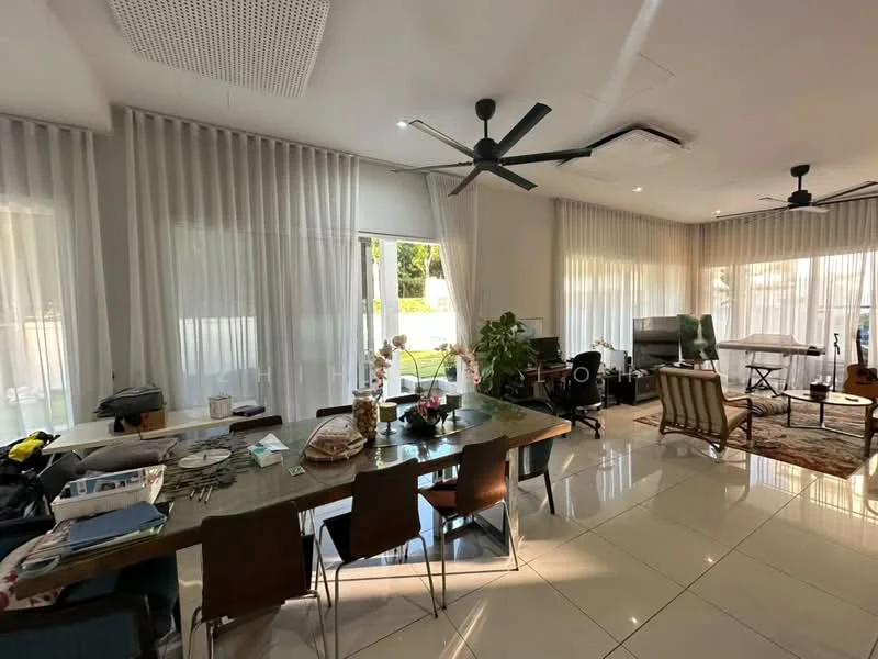 Living features: large floor-to-ceiling windows, sheer curtains, 2 ceiling fans, recessed downlights, polished tile flooring, area rug with geometric pattern, dining table with chairs, potted plants, TV console, musical instruments, decorative wall art; style: modern; view: garden.