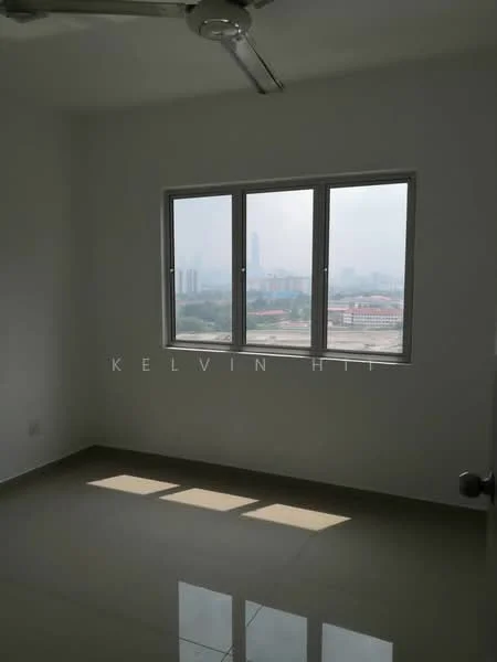 Room features: white painted walls, glossy ceramic tile flooring, 3-blade ceiling fan, floor-to-ceiling windows, city view; style: modern; view: city.