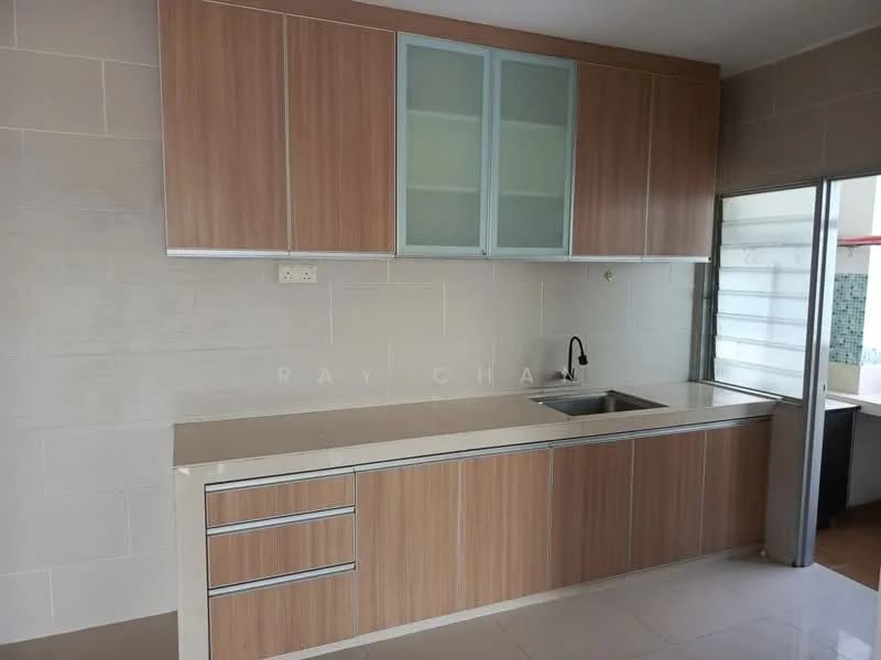 Kitchen features: laminate cabinetry in light wood finish, glass-front upper cabinets, white countertop, single-bowl stainless-steel sink, chrome pull-down faucet, tile backsplash, neutral tiled flooring, wall-mounted electrical outlets; style: modern.