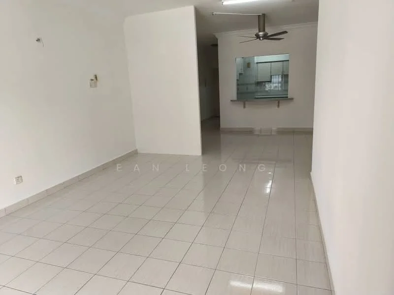 Living features: white painted walls, glossy ceramic tile flooring, 5-blade ceiling fan, open layout to kitchen, neutral color scheme, no visible furniture, natural light from windows, recessed lighting; style: modern. Kitchen features: kitchen counter with bar seating, white cabinetry, visible kitchen appliances, open layout to living area; style: modern.