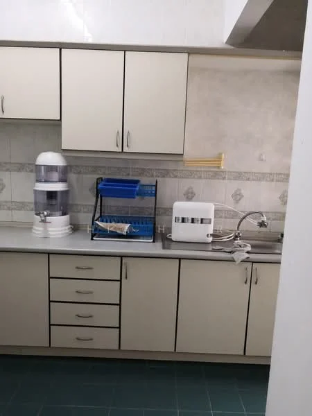 Kitchen features: white cabinetry, grey countertop, stainless-steel sink, chrome faucet, water dispenser, dish rack, built-in microwave, tile backsplash, green tile flooring; style: modern.