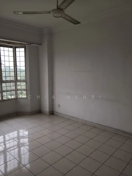 Room features: white painted walls, tile flooring, ceiling fan, large window with grid pattern, view of greenery outside; view: garden.
