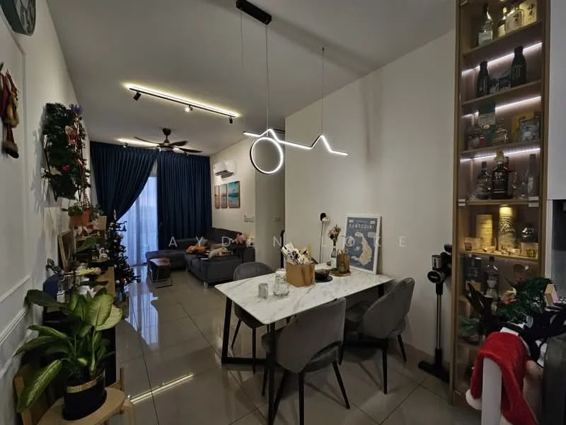 Dining features: dining table with 4 upholstered chairs, pendant light fixture, decorative wall shelf with bottles, green potted plants, grey tiled flooring, white painted walls, ceiling fan, floor-to-ceiling curtains, sofa in background, wall-mounted air conditioning unit; style: modern. Living features: 3-seater fabric sofa in grey, coffee table, decorative wall art, TV console, area rug, wall-mounted TV; style: modern.