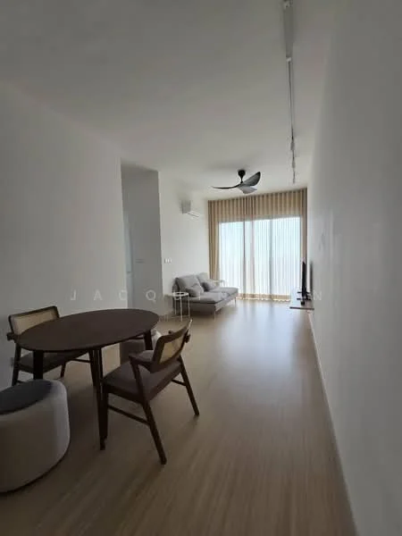 Living features: light wood flooring, white painted walls, 5-blade ceiling fan, floor-to-ceiling windows with sheer curtains, sofa in light grey fabric, round dining table, wooden dining chairs, TV console, wall-mounted TV, decorative wall art; style: modern.