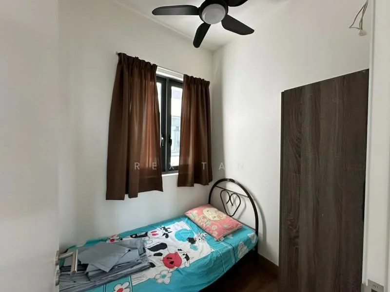 Bedroom features: single bed, brown curtains, floor-to-ceiling window, wooden wardrobe, ceiling fan, light-colored walls, wooden flooring, bedding with floral pattern.