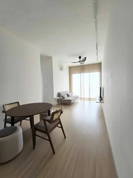 Living features: light wood flooring, white painted walls, 5-blade ceiling fan, sofa in light grey fabric, round dining table, 4 wooden dining chairs, floor-to-ceiling windows with sheer curtains, wall-mounted TV, decorative wall with no visible artwork; style: modern; view: garden.