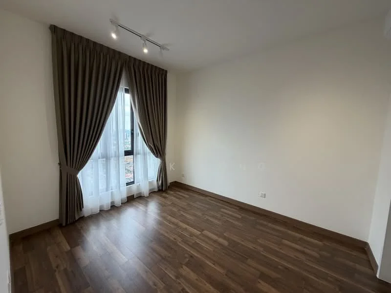 Room features: wooden flooring, white painted walls, floor-to-ceiling window, sheer curtains, dark brown curtains, recessed downlights, track lighting; style: modern; view: city.