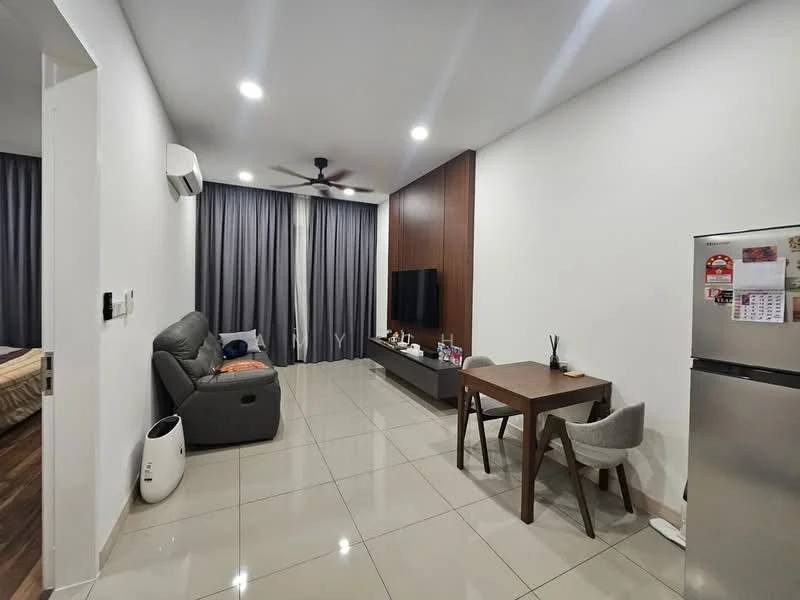Living features: grey leather sofa, wooden coffee table, TV console, wall-mounted TV, floor-to-ceiling curtains, recessed LED downlights, ceiling fan, ceramic tile flooring, air conditioning unit, decorative items on console, fridge; style: modern. Room features: bed visible in background, wooden flooring.